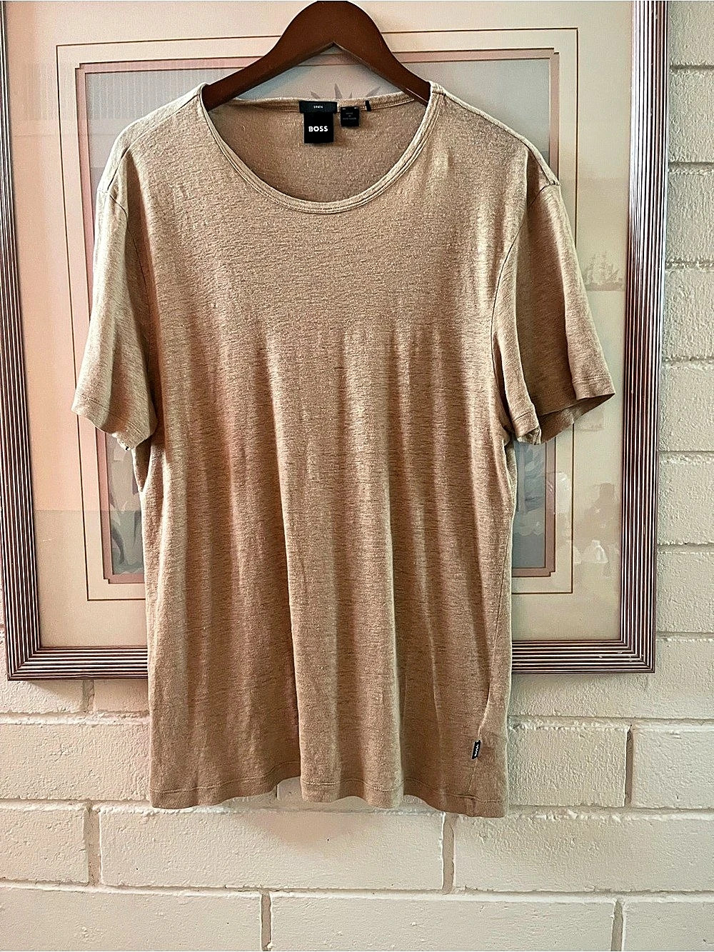 BOSS Linen Short Sleeve Tee in Brown Size Large Like New